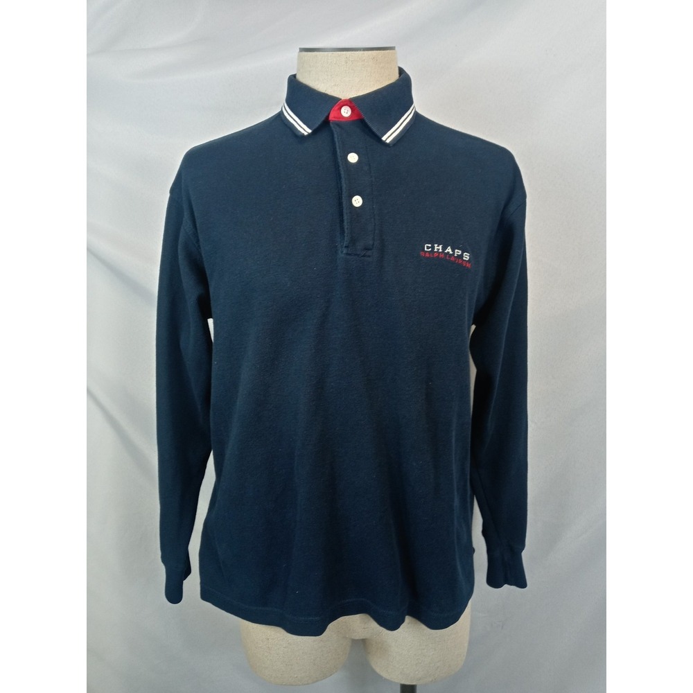 Chaps Ralph Lauren Long Sleeve Polo Shirt Vintage 90s Spellout‎ Navy Blue M